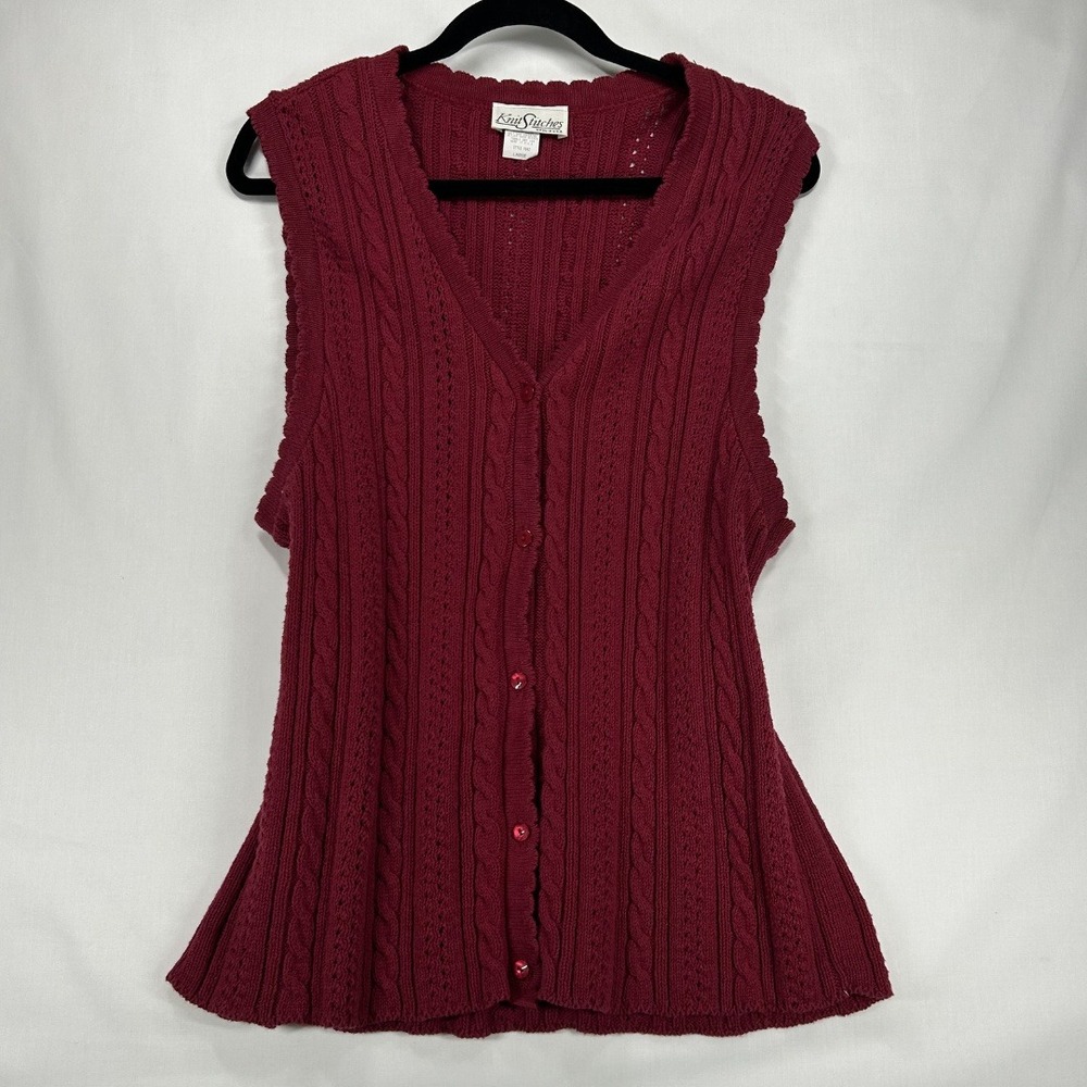 Vintage‎ 90s Knit Stitches Cable Knit Sweater Vest Maroon Red Cardigan Large
